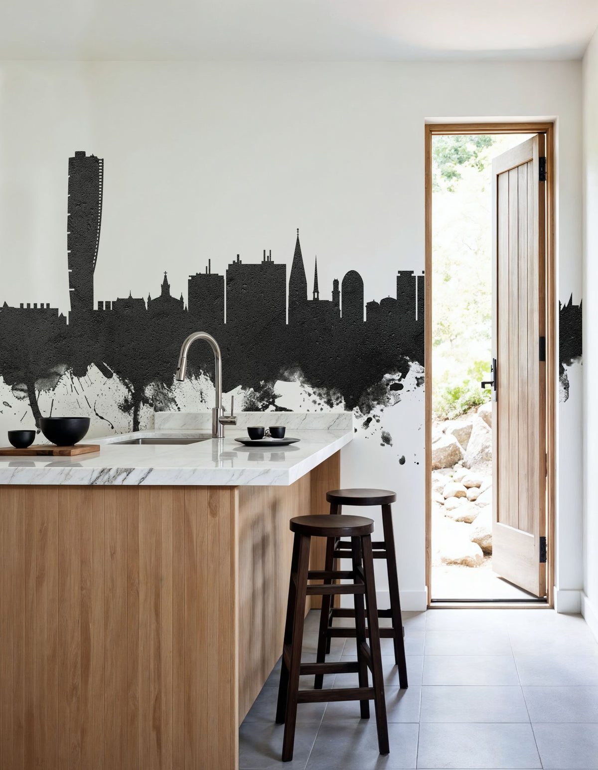 Malmö Sweden Skyline Black & White Mural Wallpaper - room preview 05