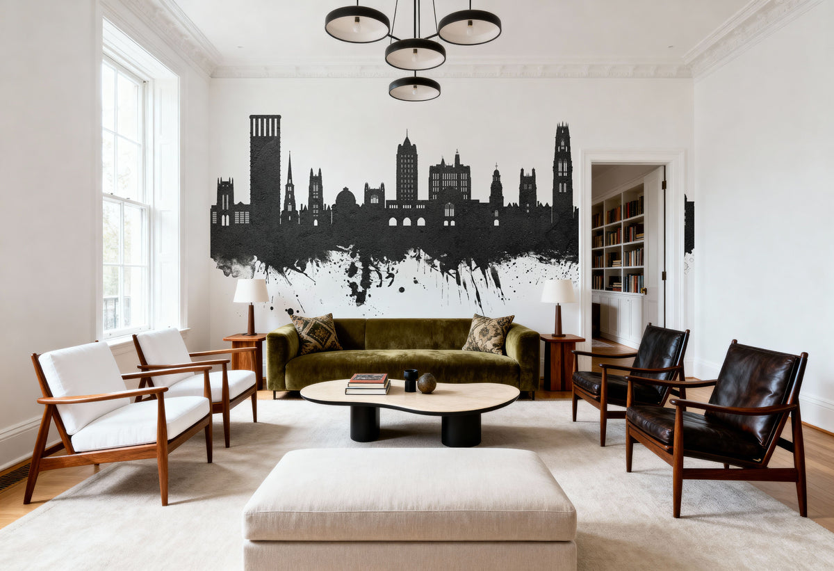 New Haven Connecticut Skyline Black & White Mural Wallpaper - room preview 05