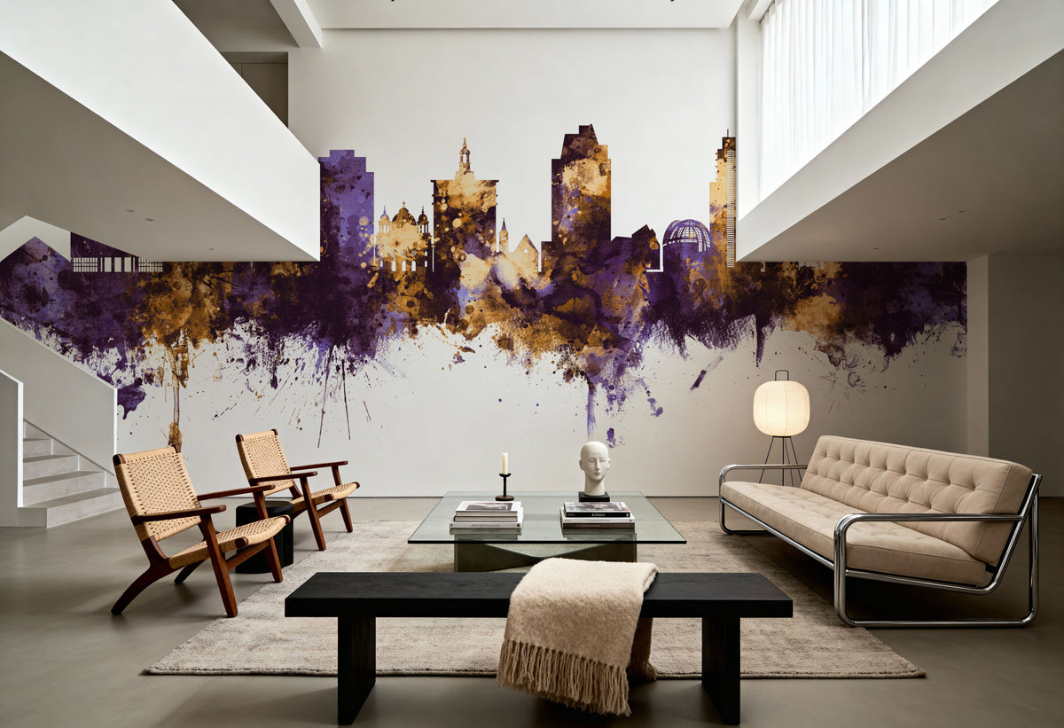 San Jose California Skyline Purple & Gold Mural Wallpaper - room preview 05