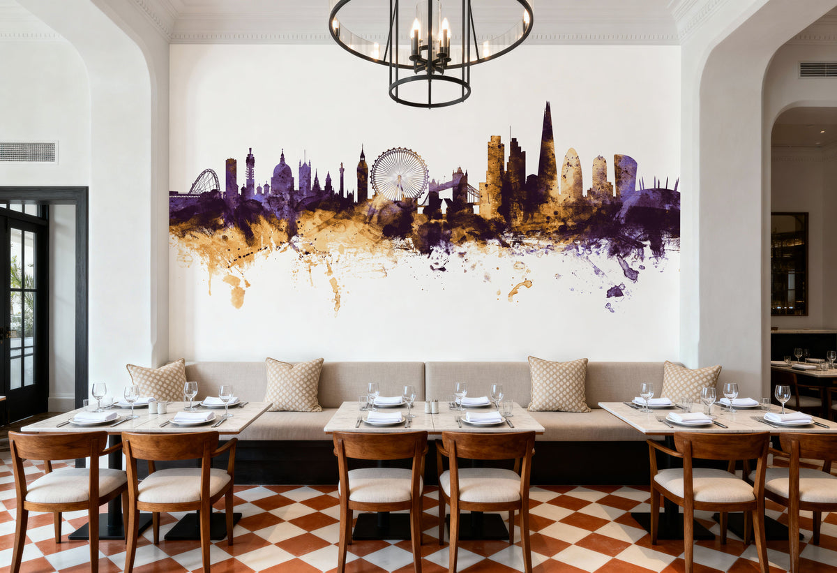 London Skyline Purple & Gold Mural Wallpaper - room preview 05