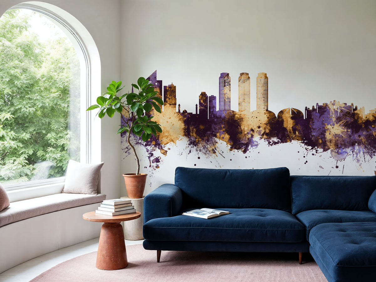 Islamabad Pakistan Skyline Purple & Gold Mural Wallpaper - room preview 05