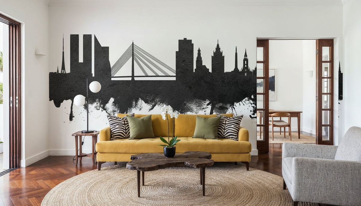 Riga Latvia Skyline Black & White Mural Wallpaper - room preview 05