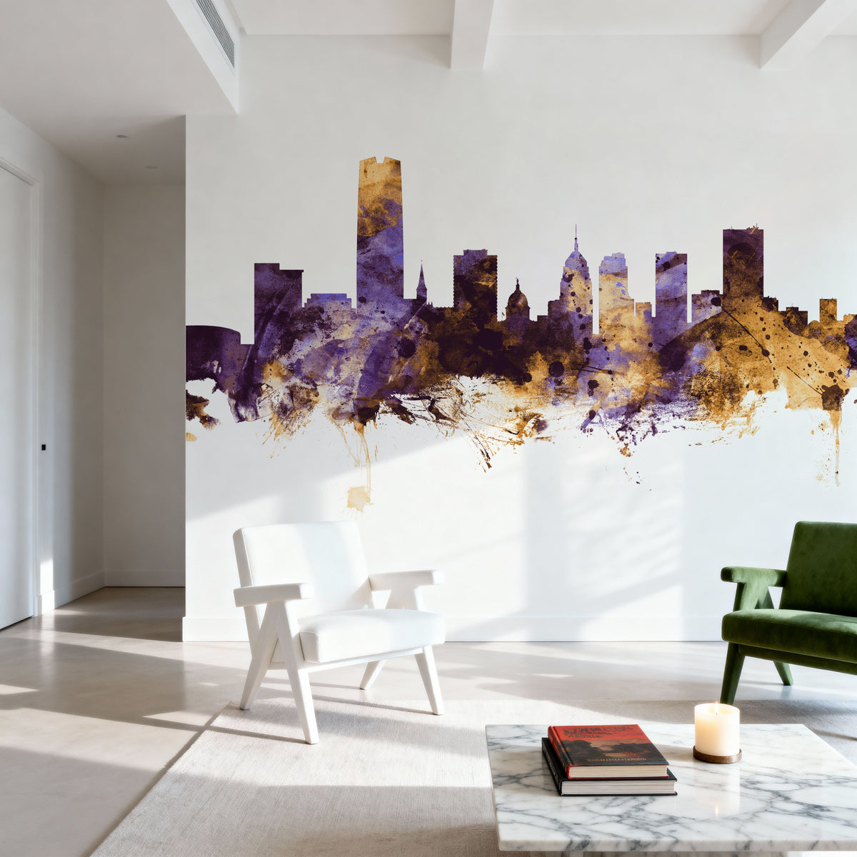 Oklahoma City Skyline Purple & Gold Mural Wallpaper - room preview 05