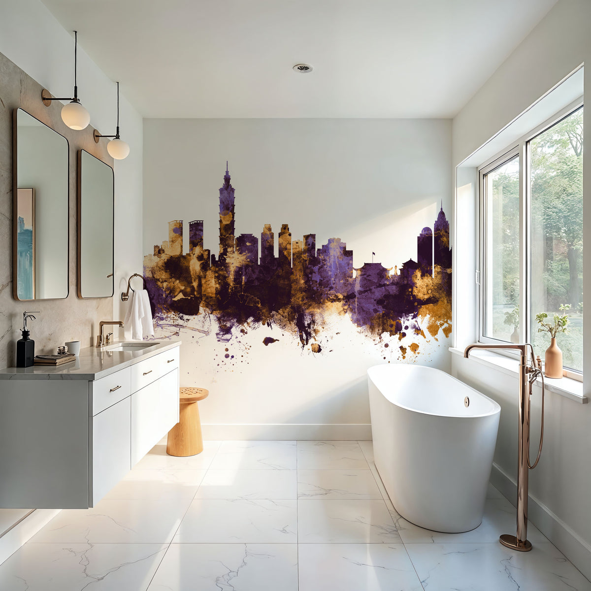 Taipei Taiwan Skyline Purple & Gold Mural Wallpaper - room preview 05