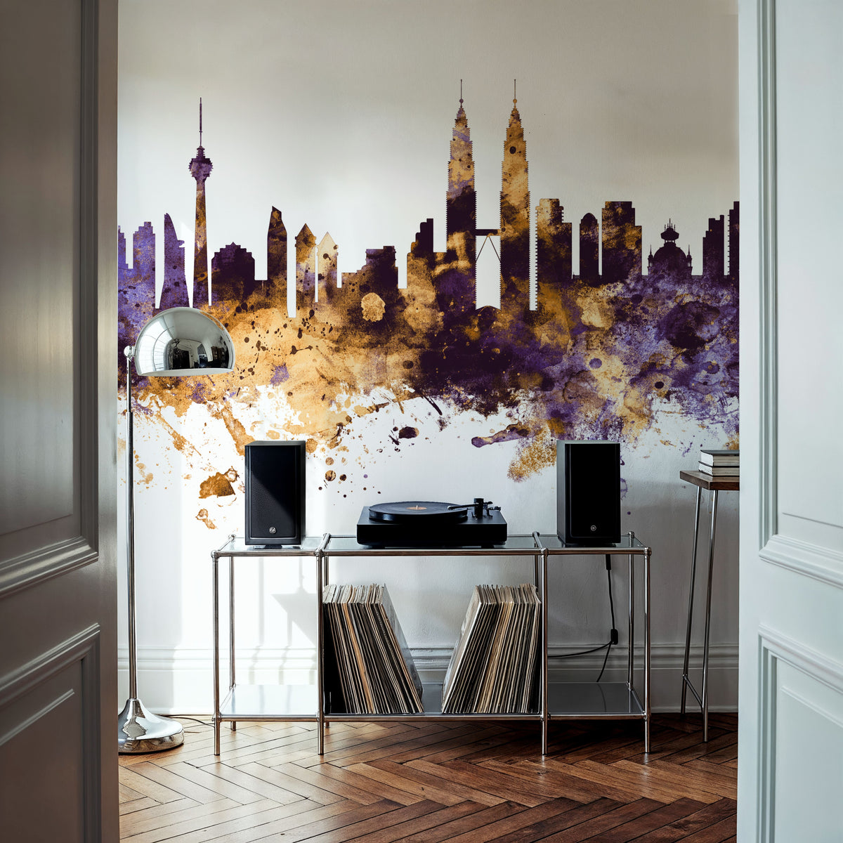 Kuala Lumpur Skyline Purple & Gold Mural Wallpaper - room preview 05