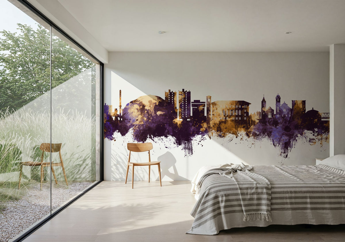 Cedar Falls Iowa Skyline Purple & Gold Mural Wallpaper - room preview 05