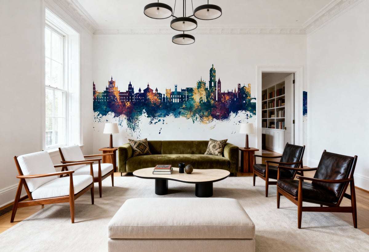 Valladolid Spain Skyline Blue & Bronze Mural Wallpaper - room preview 05