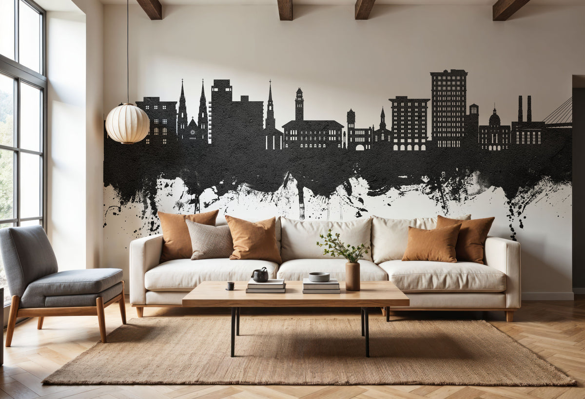 Savannah Georgia Skyline Black & White Mural Wallpaper - room preview 05