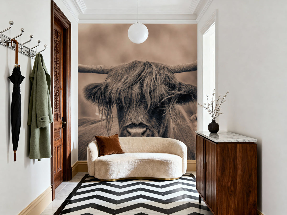 Highland Meadow Portrait Sepia Mural Wallpaper - room preview 05