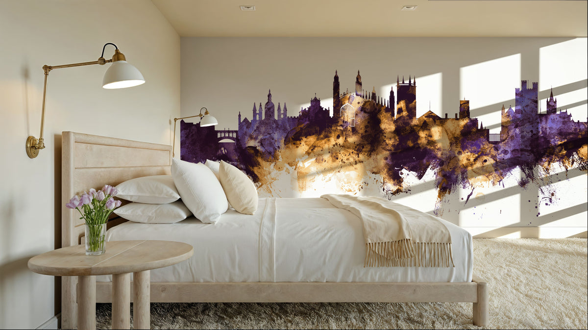 Cambridge England Skyline Purple & Gold Mural Wallpaper - room preview 05