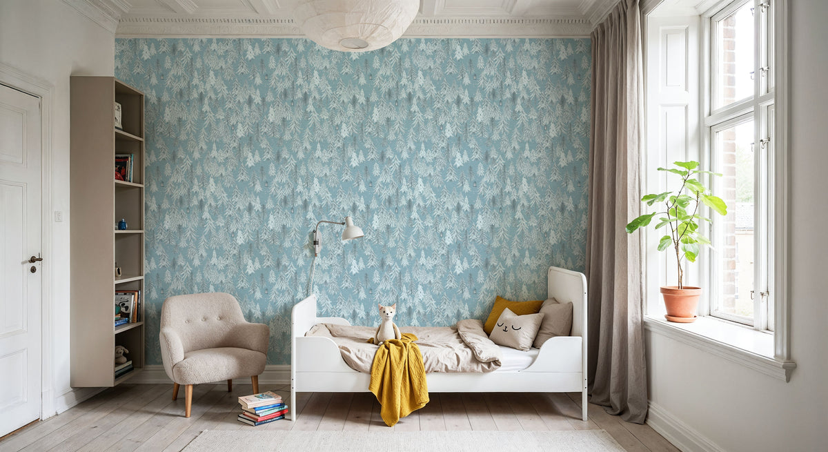 Forest Lanterns, Dusty Blue Mural Wallpaper - room preview 05