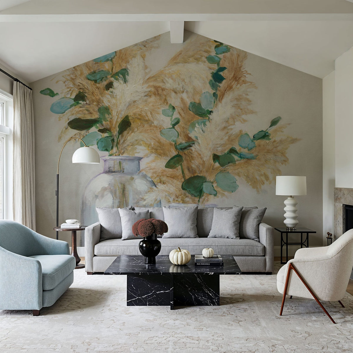 Pampas and Eucalyptus Bouquets Mural Wallpaper - room preview 05