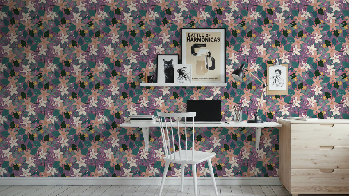 Purple Flowers and Berries Mural Wallpaper - room preview 05