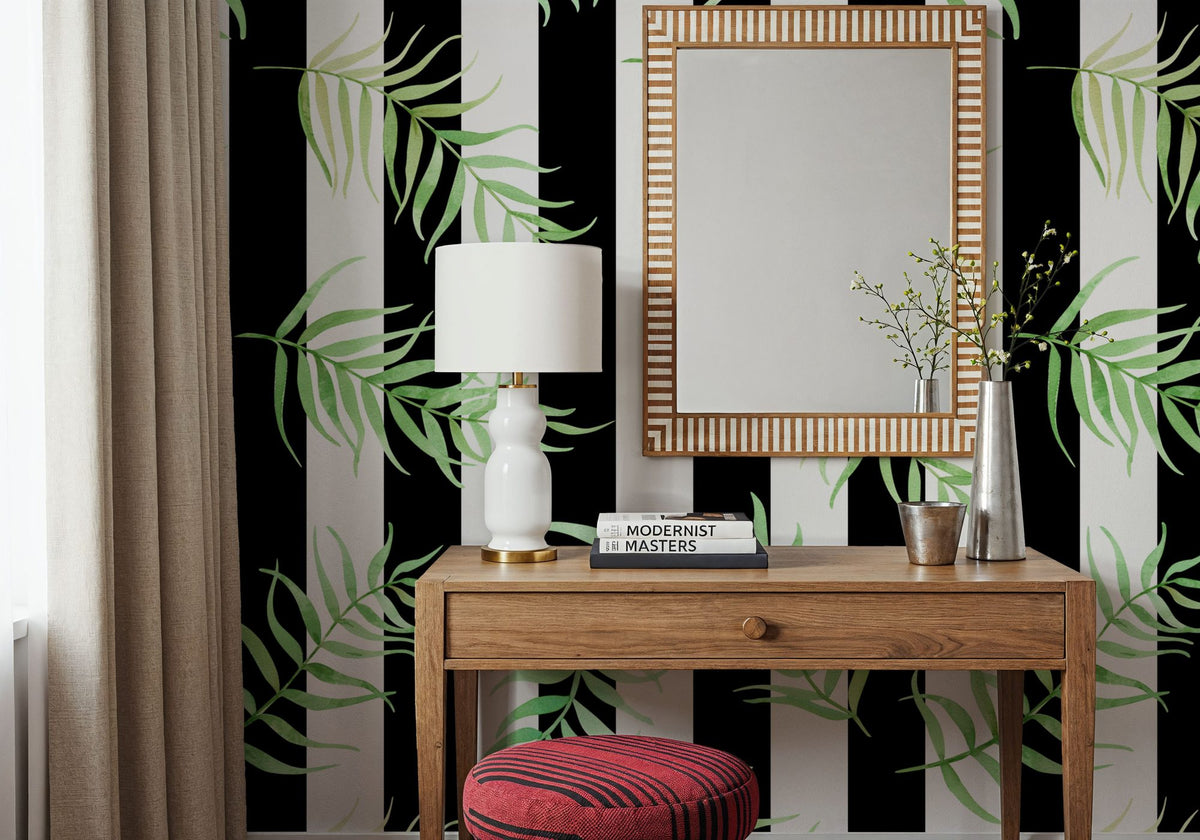 Black & White Stripe Leaves Mural Wallpaper - room preview 05