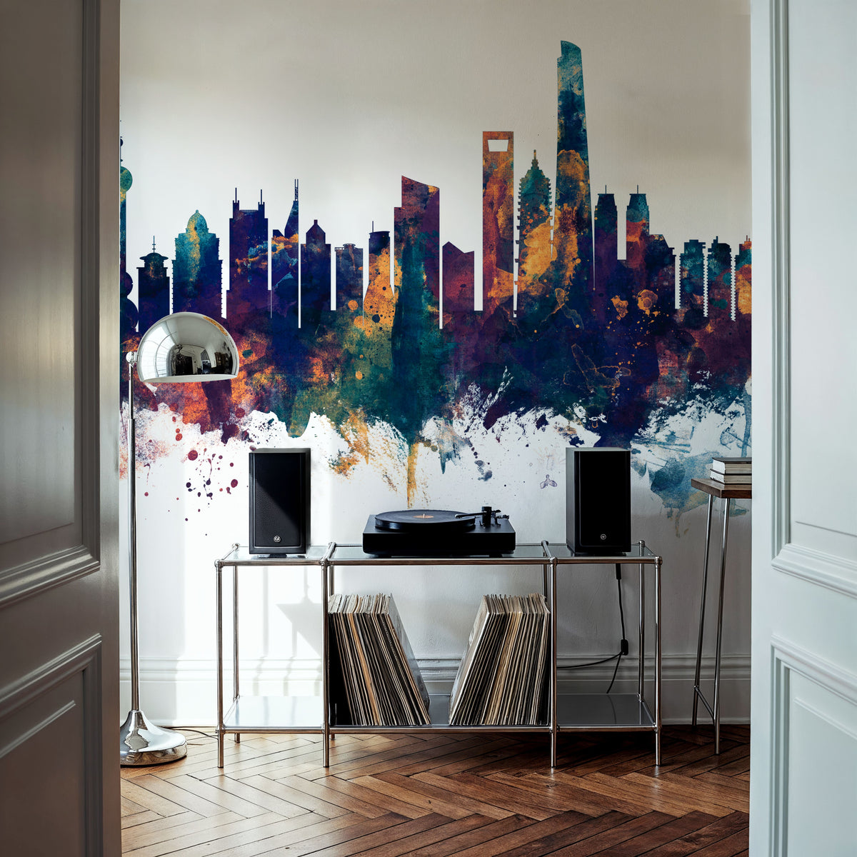 Shanghai China Skyline Blue & Bronze Mural Wallpaper - room preview 05