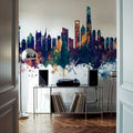 Shanghai China Skyline Blue & Bronze Mural Wallpaper - room preview 05