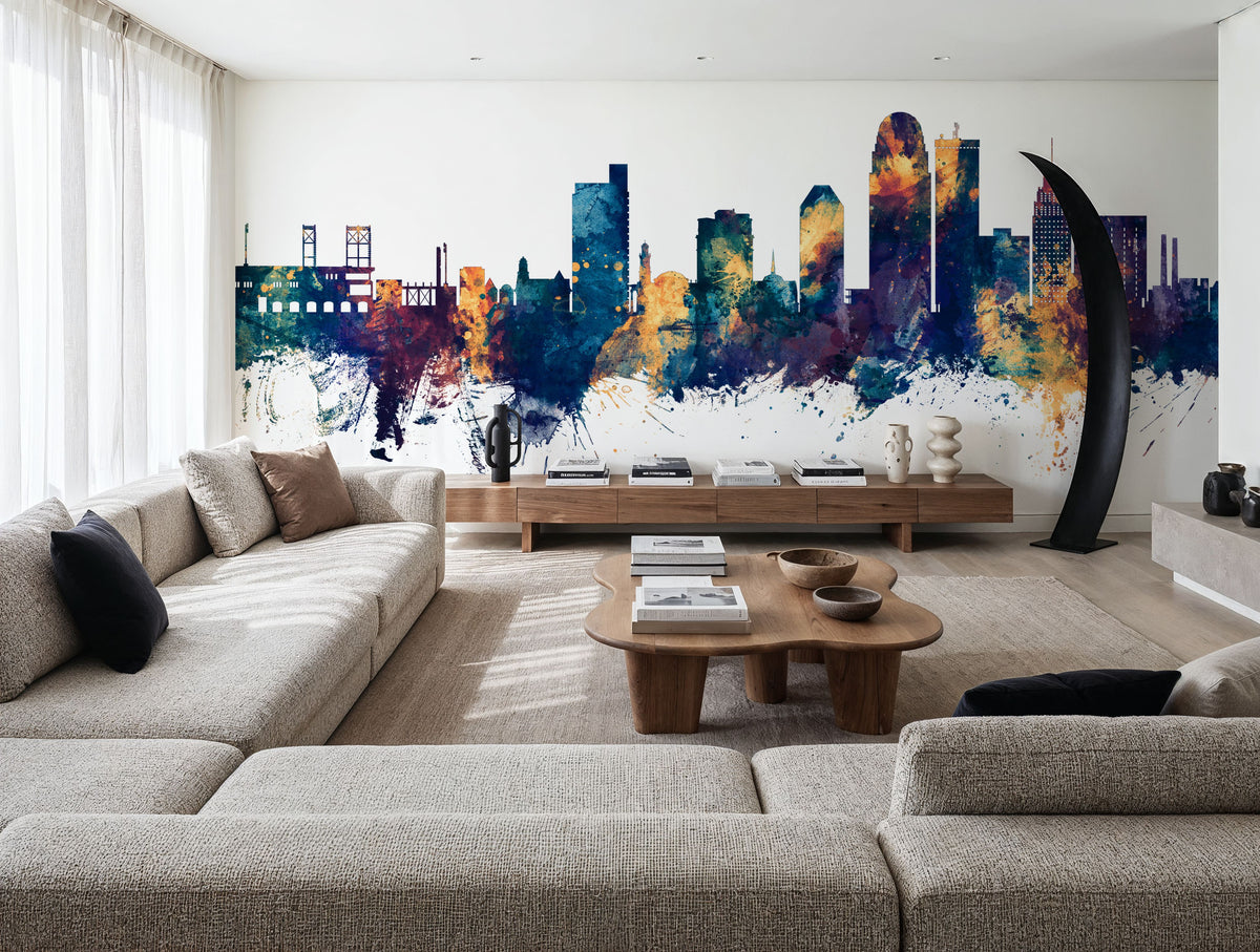 Winston-Salem North Carolina Skyline Blue & Bronze Mural Wallpaper - room preview 05