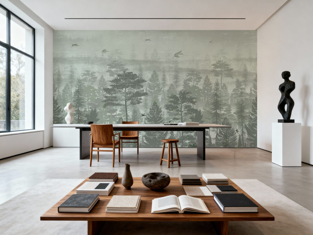 Misty Green Forest Mural Wallpaper - room preview 05