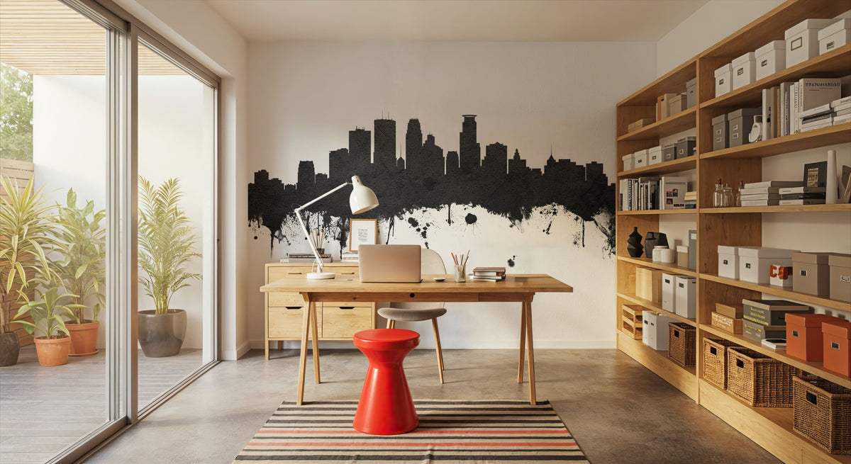 Minneapolis Minnesota Skyline Black & White Mural Wallpaper - room preview 05