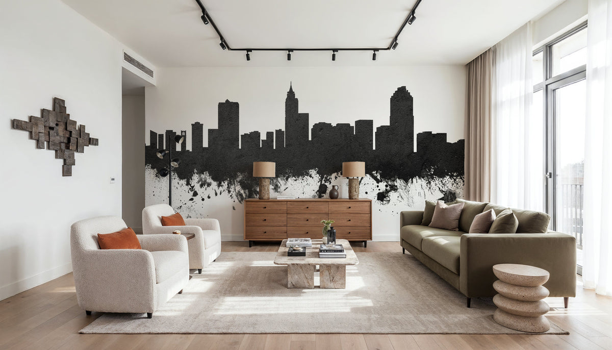 Raleigh North Carolina Skyline Black & White Mural Wallpaper - room preview 05