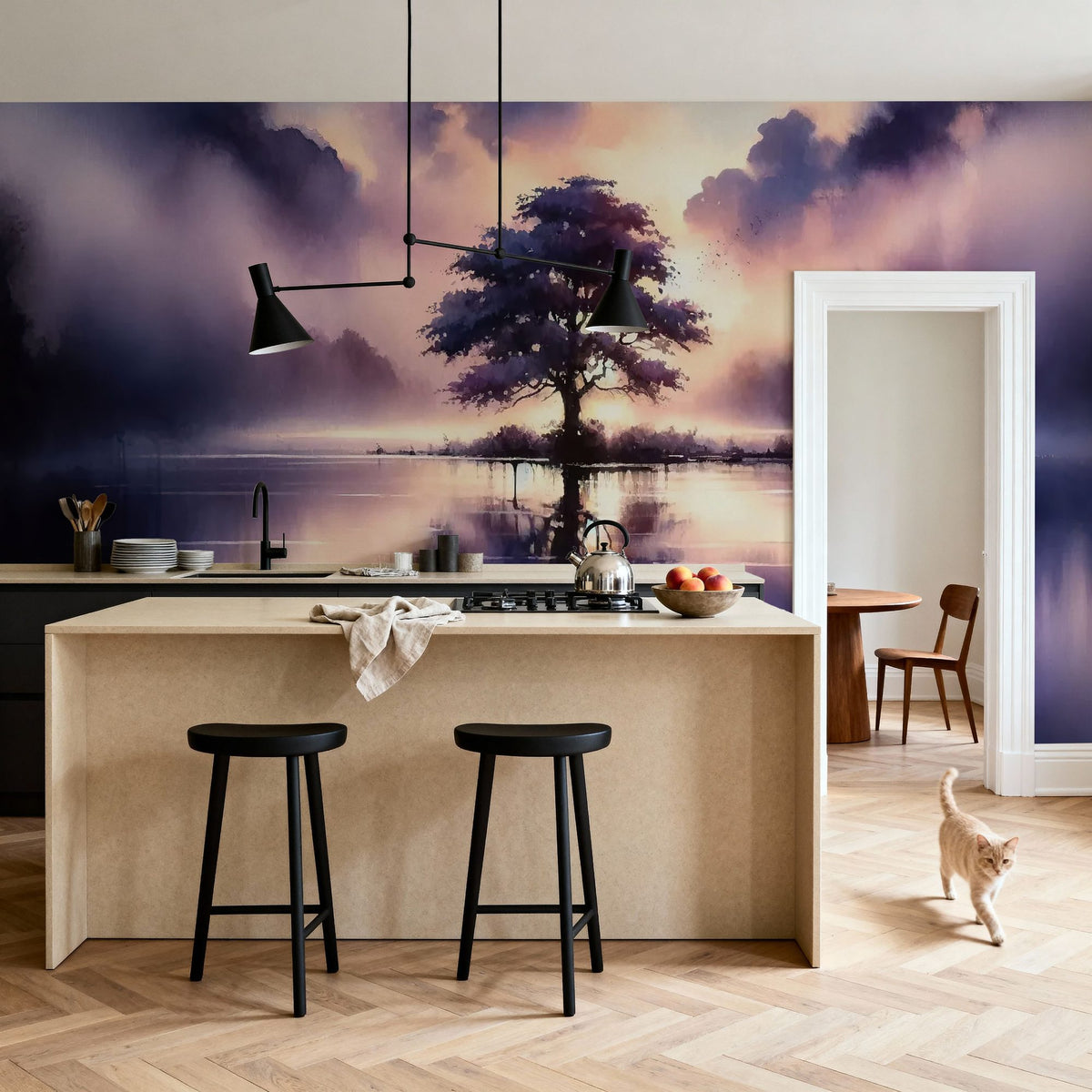 Whispers of Dawn on a Misty Lake Solitude Mural Wallpaper - room preview 05