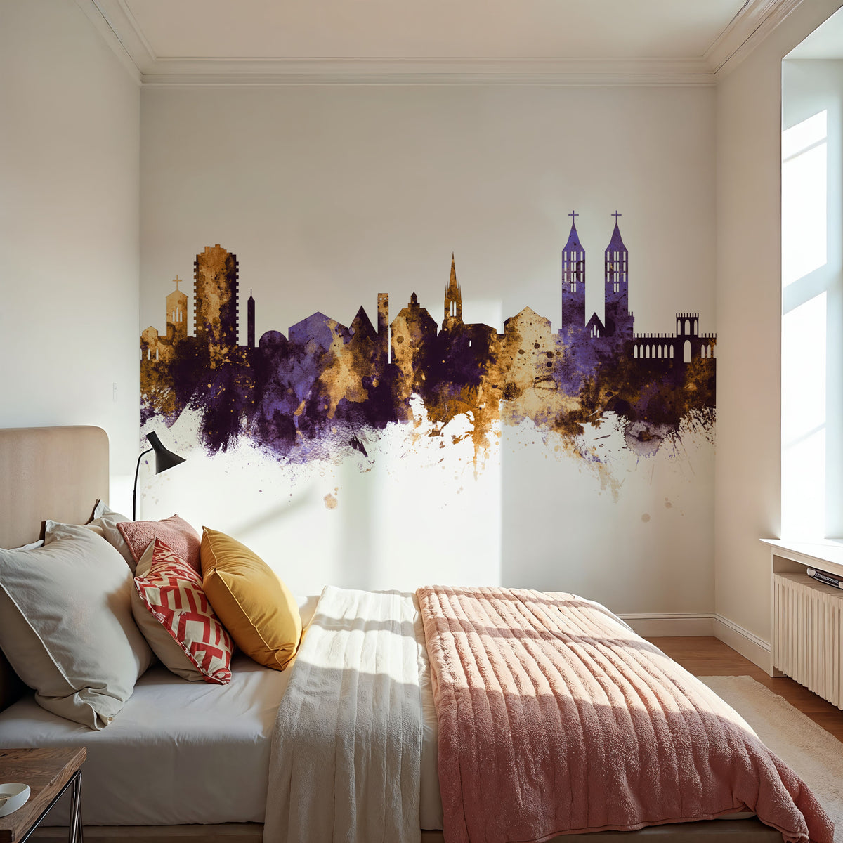 Kassel Germany Skyline Purple & Gold Mural Wallpaper - room preview 05