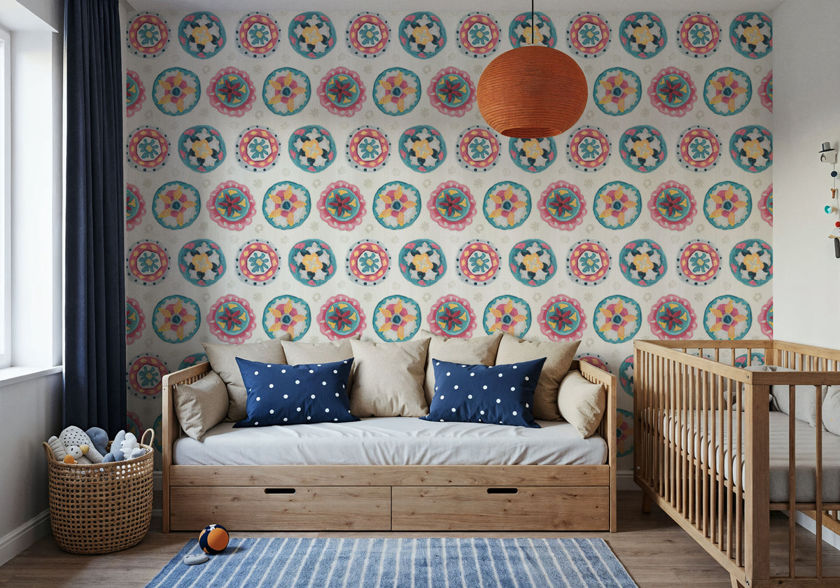 Boho Circles White Mural Wallpaper - room preview 05