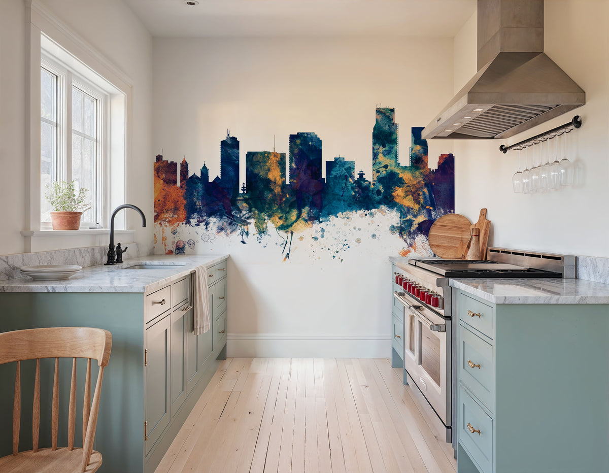 Corpus Christi Texas Skyline Blue & Bronze Mural Wallpaper - room preview 05