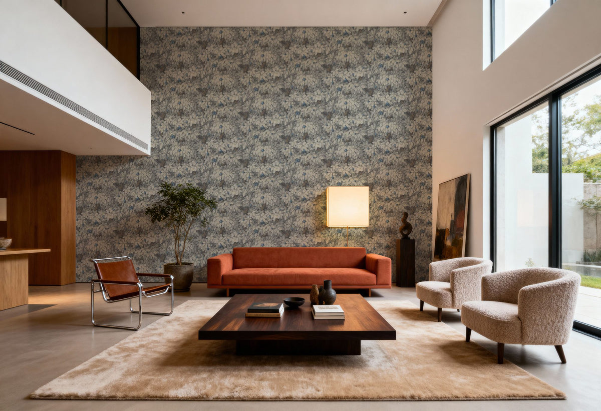 Fruit Tree Bower, Blue on Mauve Mural Wallpaper - room preview 05