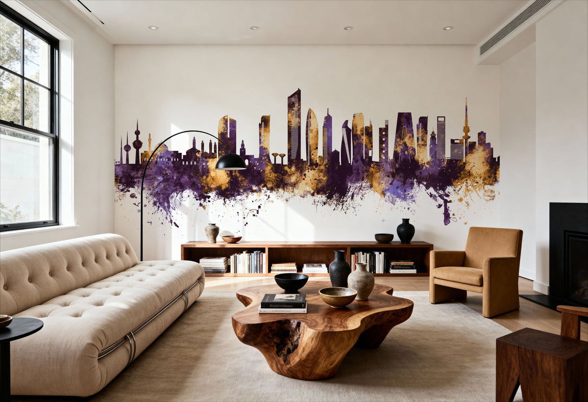 Kuwait City Skyline Purple & Gold Mural Wallpaper - room preview 05