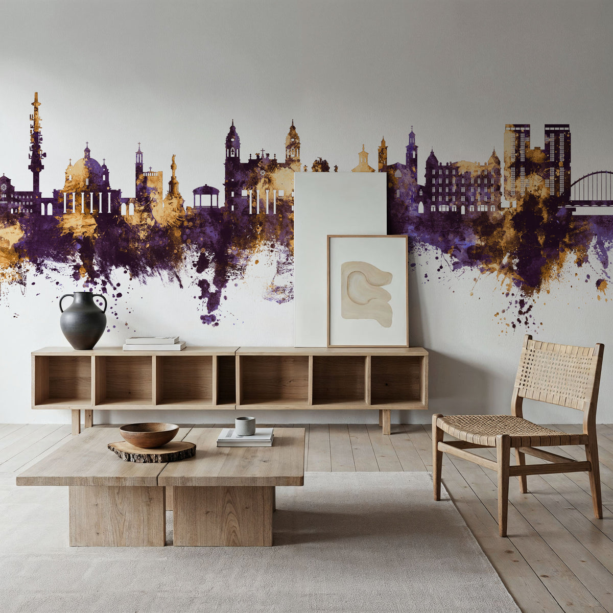 Pamplona Spain Skyline Purple & Gold Mural Wallpaper - room preview 05