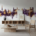 Pamplona Spain Skyline Purple & Gold Mural Wallpaper - room preview 05