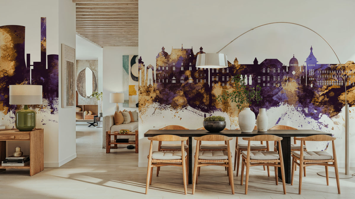 Galaţi Romania Skyline Purple & Gold Mural Wallpaper - room preview 05