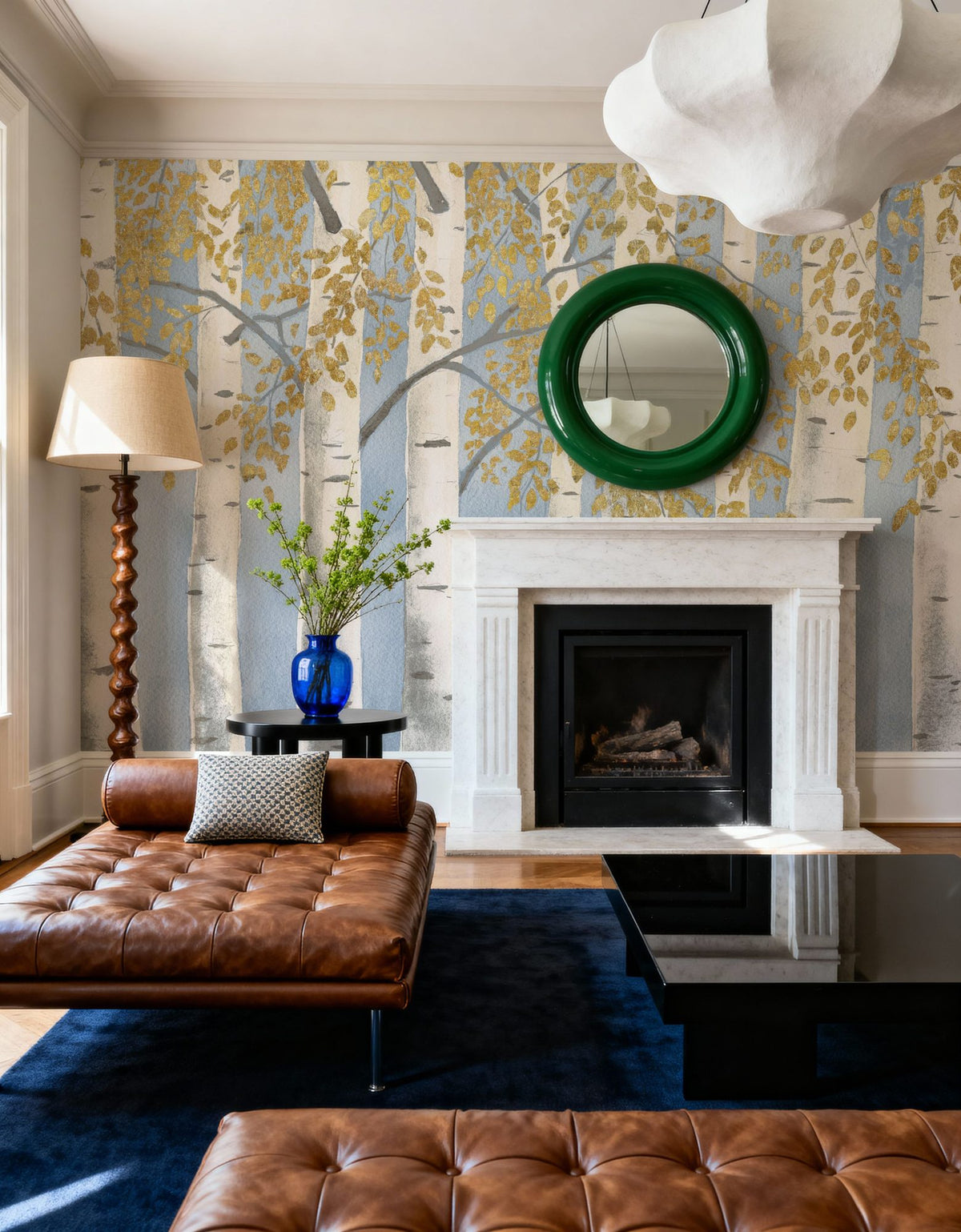 Fresh Forest Light Blue Gold Mural Wallpaper - room preview 05