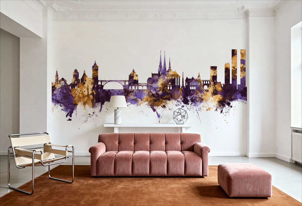 Luxembourg City Skyline Purple & Gold Mural Wallpaper - room preview 05