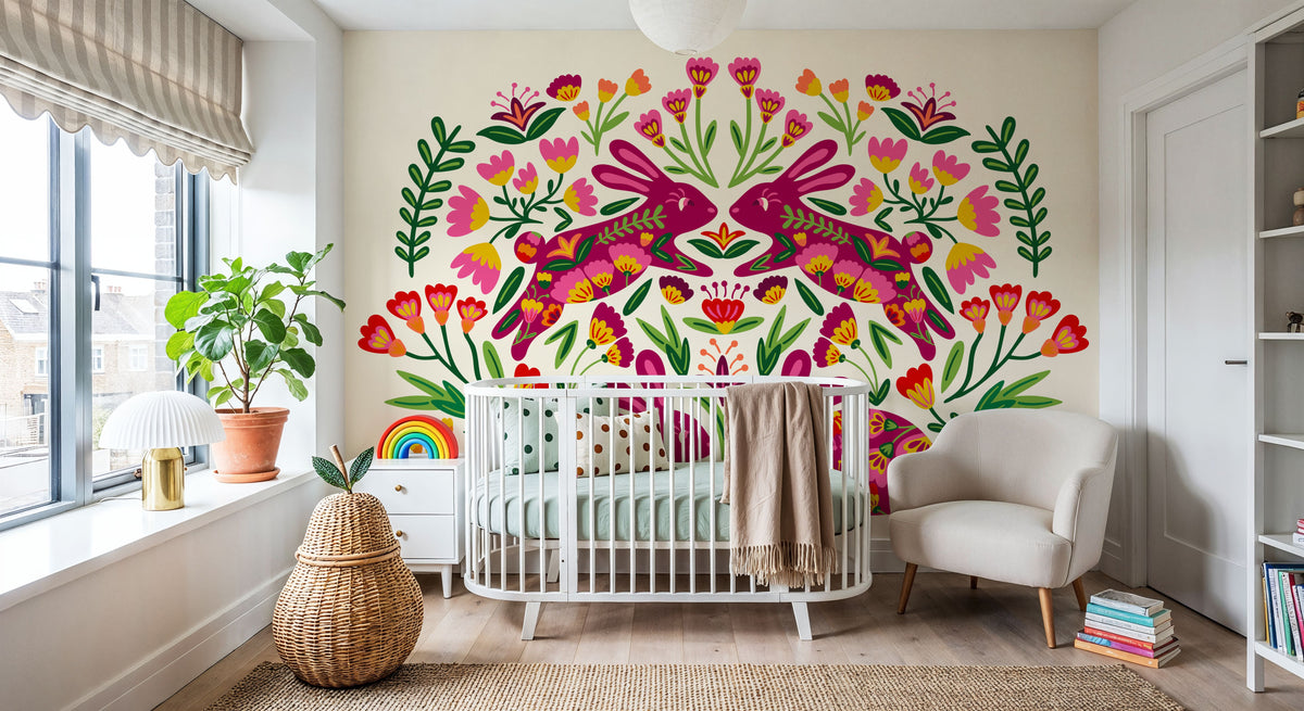 Otomi Rabbits & Flowers Mural Wallpaper - room preview 05