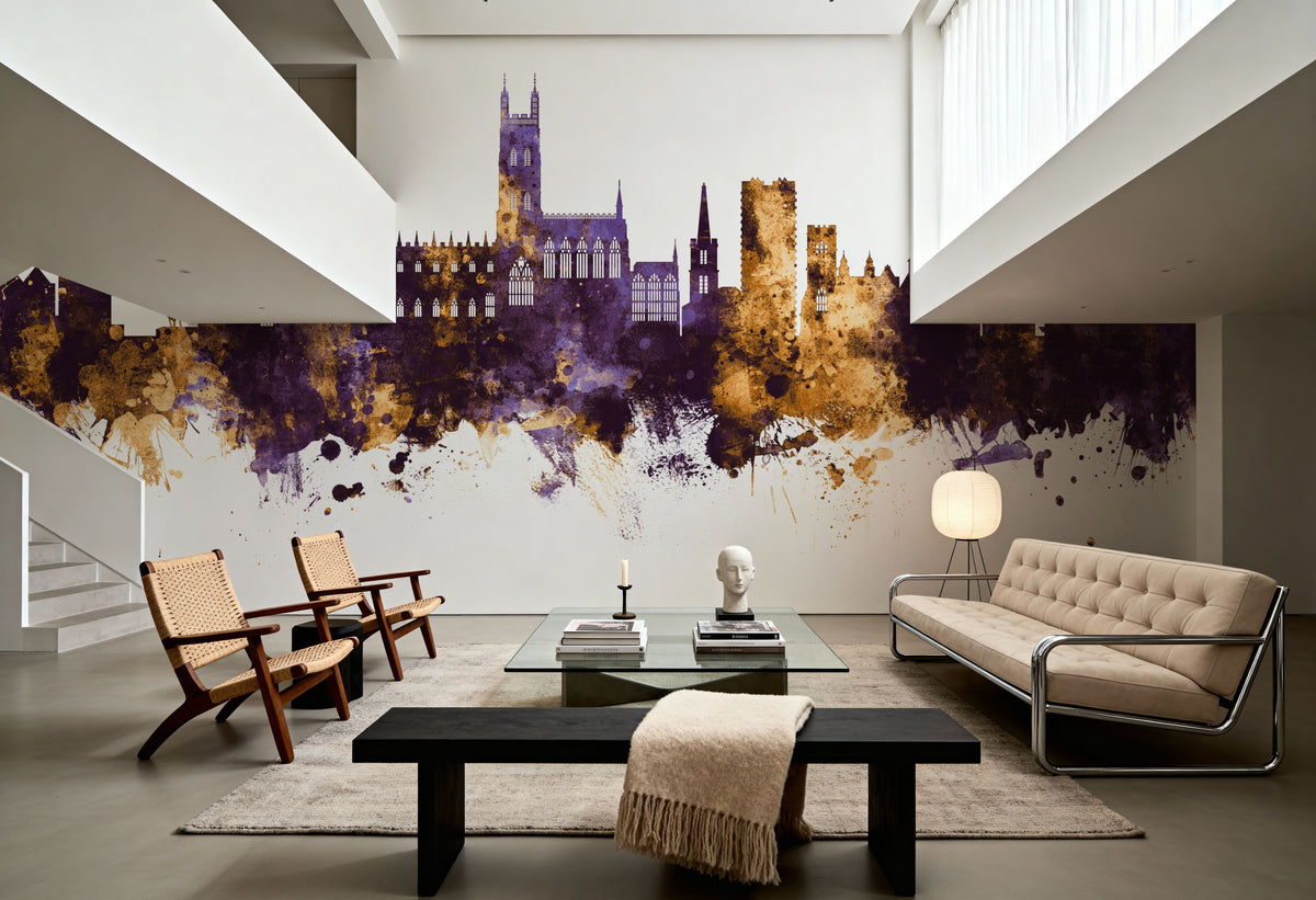 Gloucester England Skyline Purple & Gold Mural Wallpaper - room preview 05