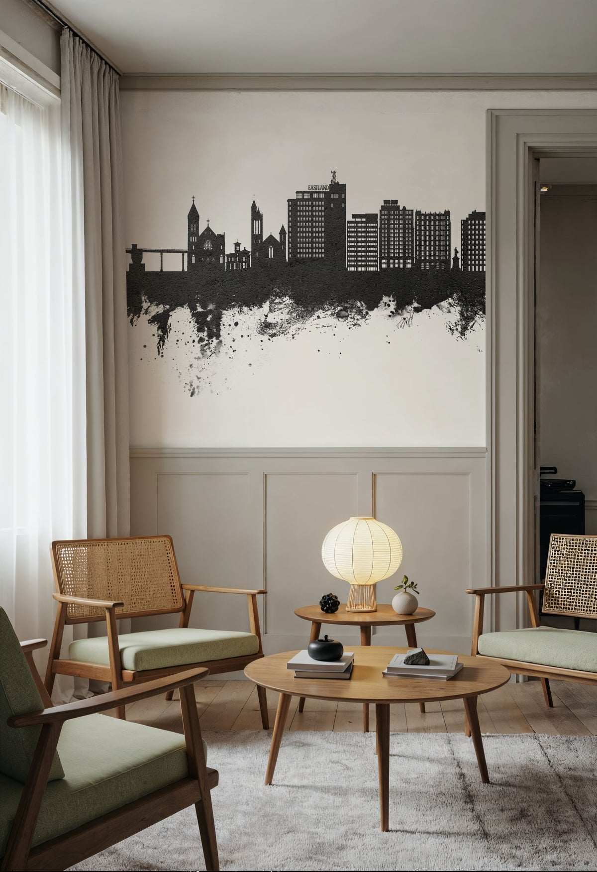 Portland Maine Skyline Black & White Mural Wallpaper - room preview 05