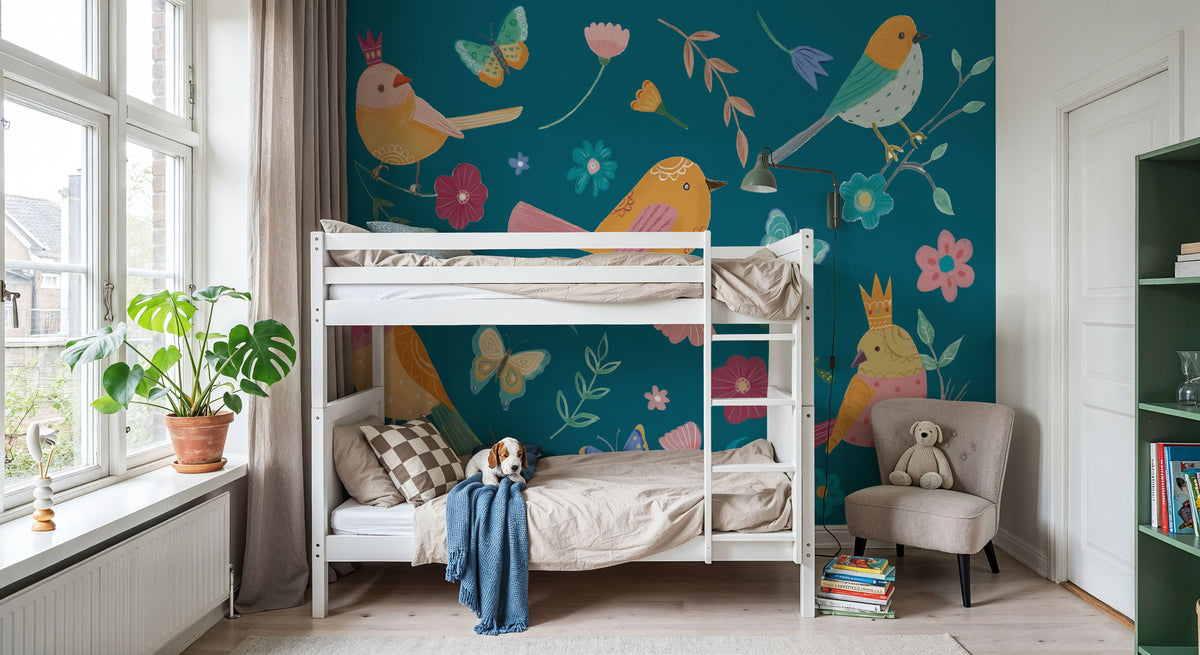 Royal Birds on Blue Mural Wallpaper - room preview 05