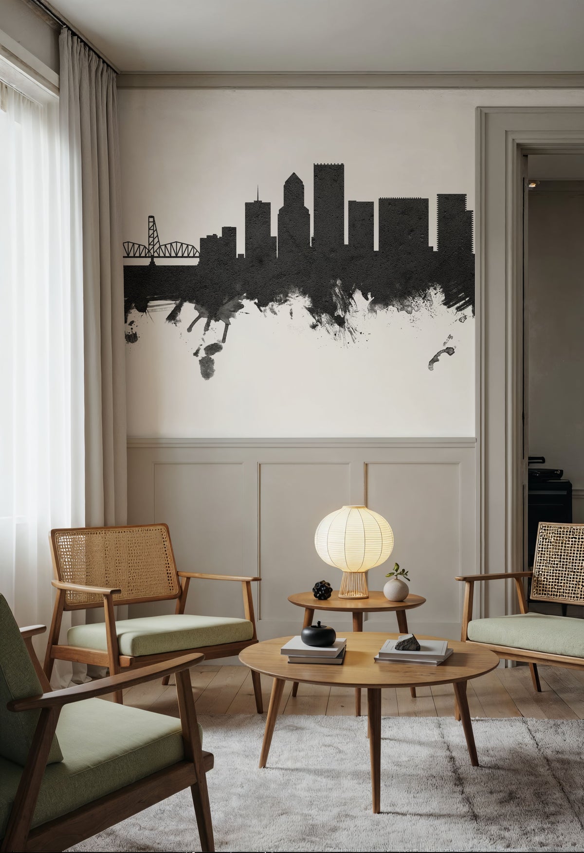 Portland Oregon Skyline Black & White Mural Wallpaper - room preview 05