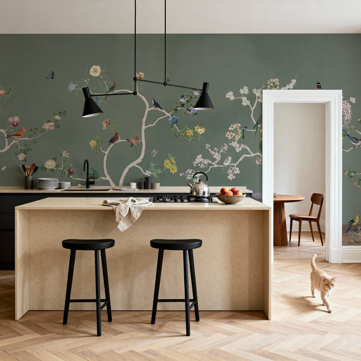 Birds in the Garden Dark Green Mural Wallpaper - room preview 05