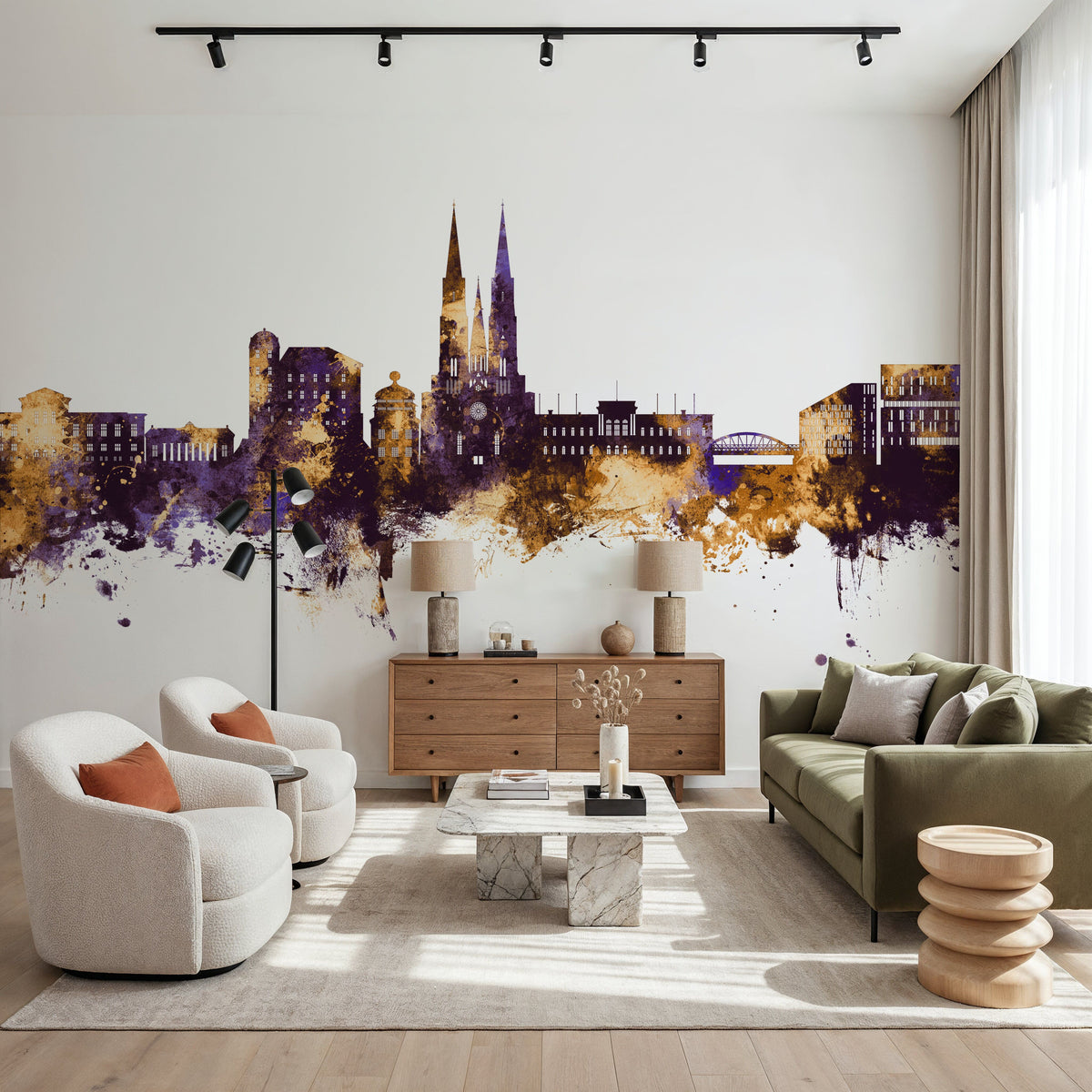Uppsala Skyline Purple & Gold Mural Wallpaper - room preview 05