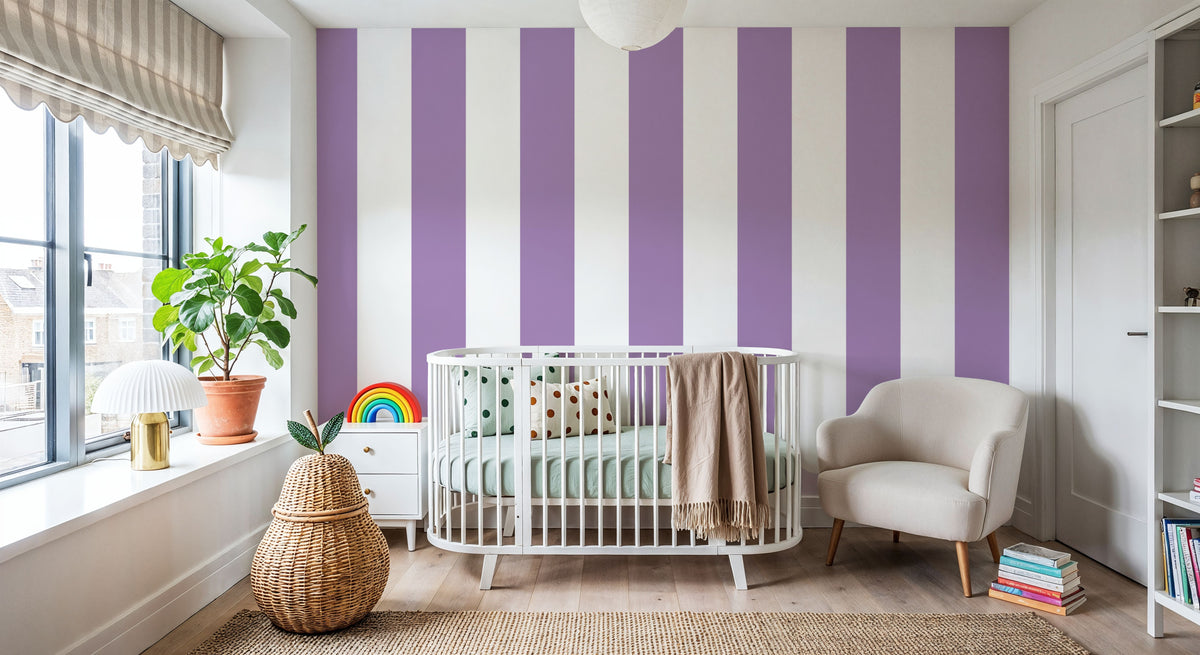 Scalloped Circus Stripes, Purple Mural Wallpaper - room preview 05