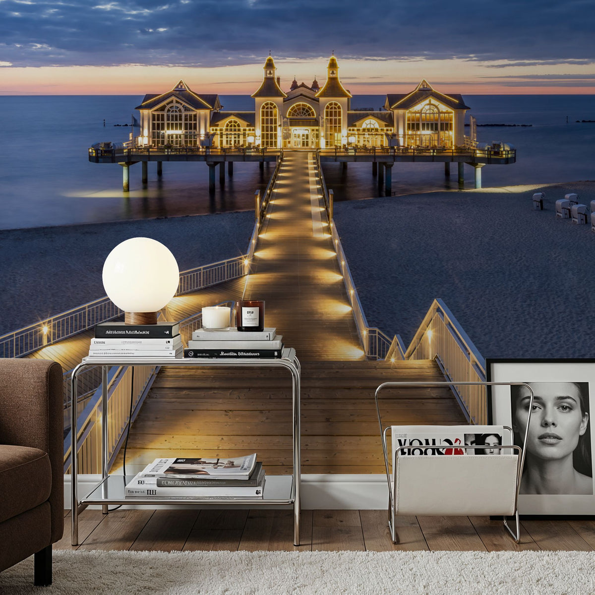 Sellin Pier At Night Panorama Mural Wallpaper - room preview 05