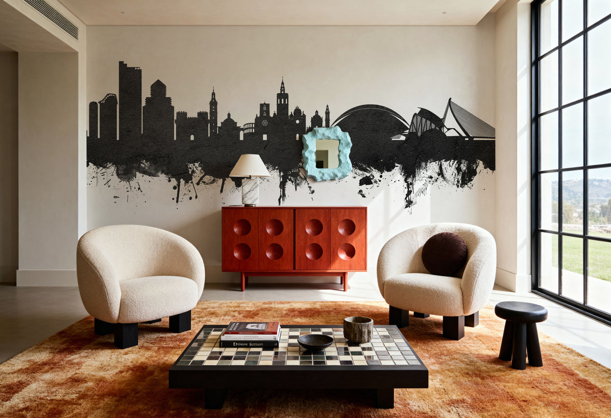 Valencia Spain Skyline Black & White Mural Wallpaper - room preview 05
