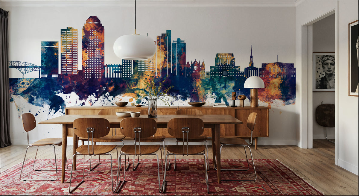 Shreveport Louisiana Skyline Blue & Bronze Mural Wallpaper - room preview 05