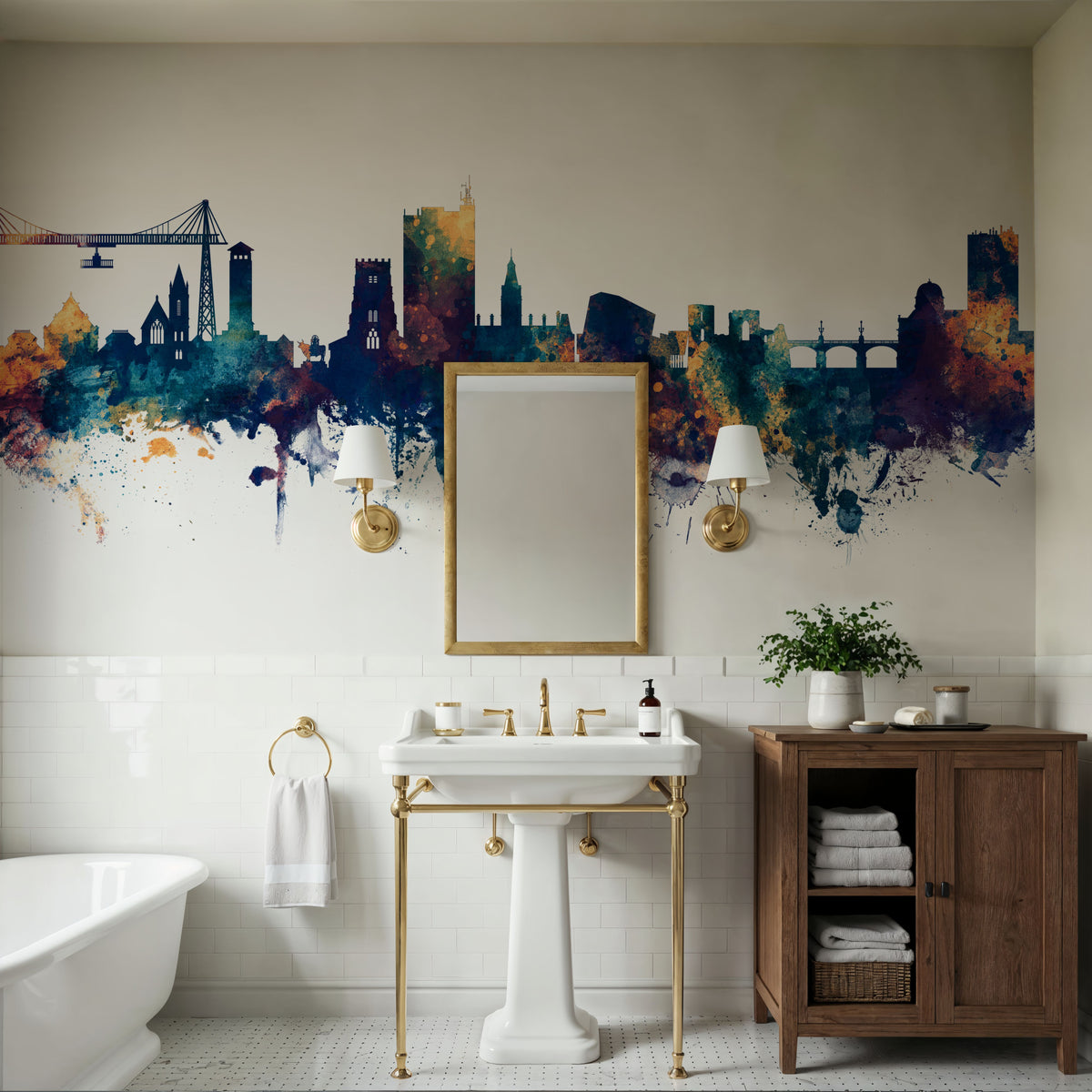 Newport Wales Skyline Blue & Bronze Mural Wallpaper - room preview 05