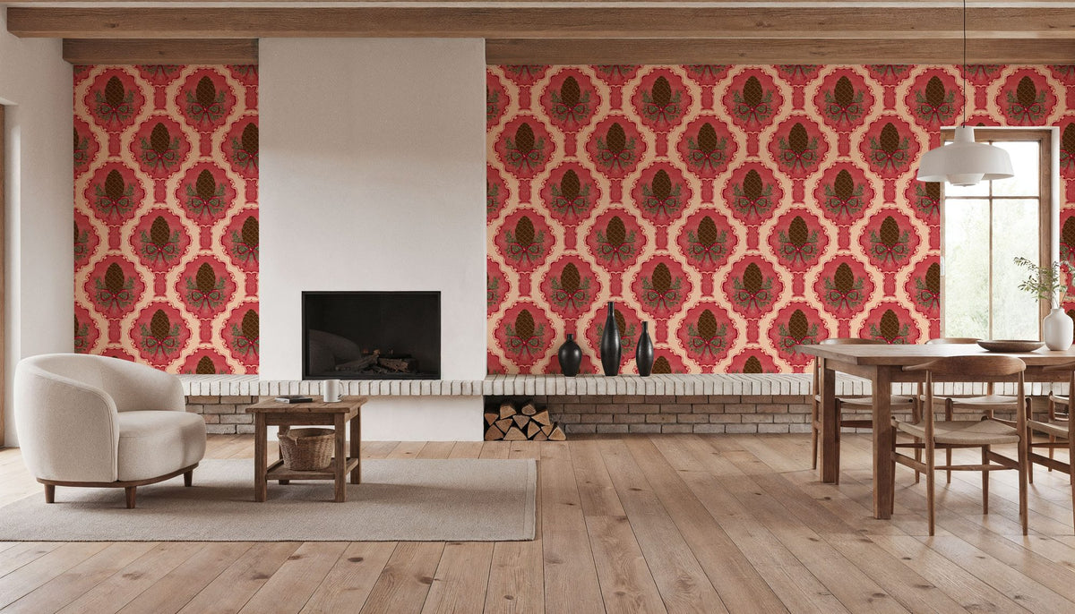 Pine Cone & Ornate Rackets, Raspberry Mural Wallpaper - room preview 05