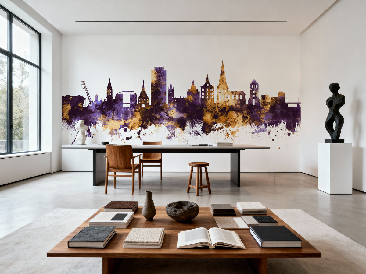 Rostock Germnay Skyline Purple & Gold Mural Wallpaper - room preview 05