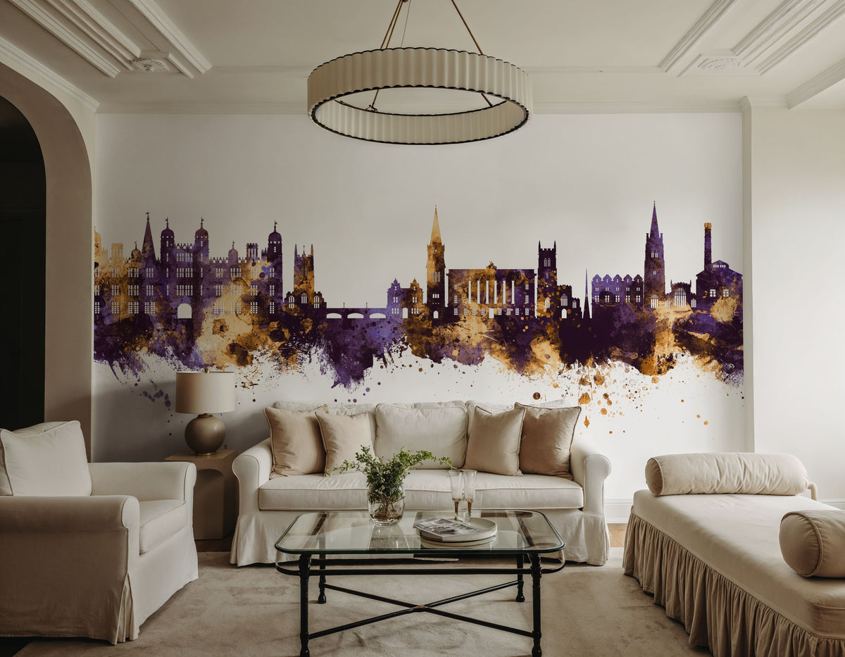 Stamford England Skyline Purple & Gold Mural Wallpaper - room preview 05